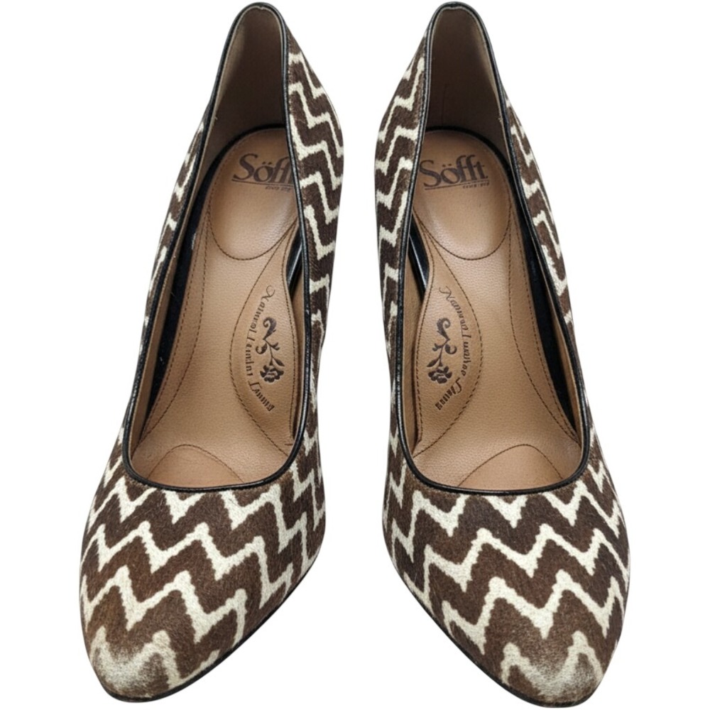 Sofft Chevron Calf Hair Pumps Womens 8.5 Brown White Zig Zag Pointed Toe Heels